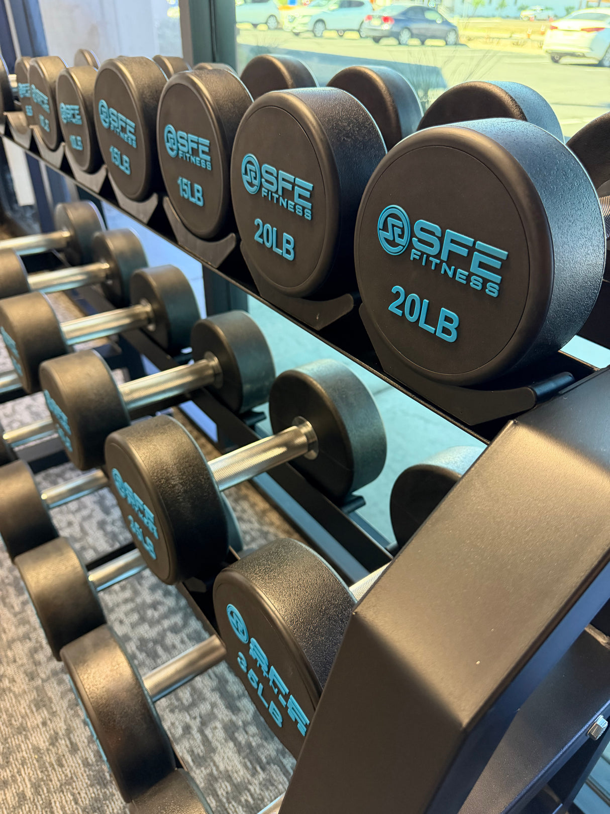 SFE 5-50 Urethane Dumbbell Set w/ 3-tier Rack(New)