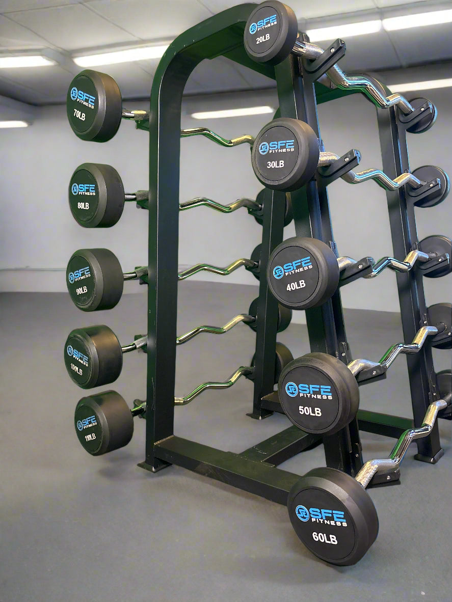 SFE Rubber Fixed EZ Curl Barbell SET 20LBs - 110LBs with Rack (New)
