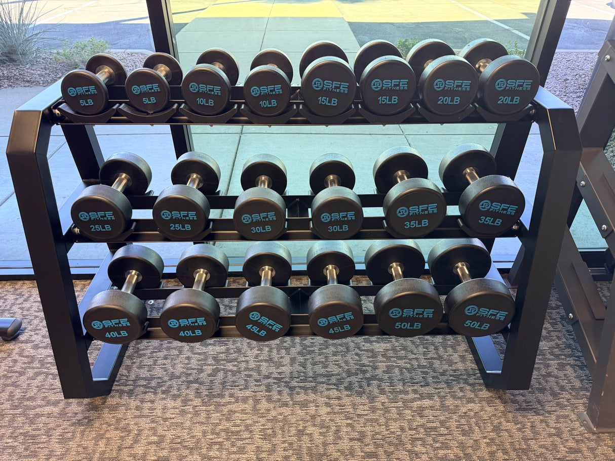 SFE 5-50 Urethane Dumbbell Set w/ 3-tier Rack(New)