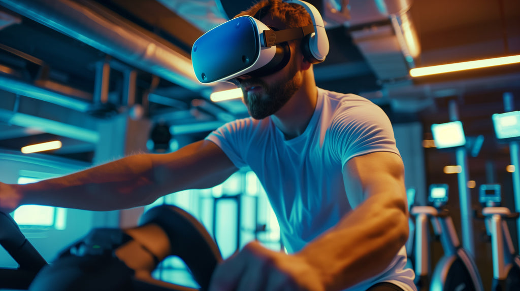 Man wearing VR goggles on an exercise bike