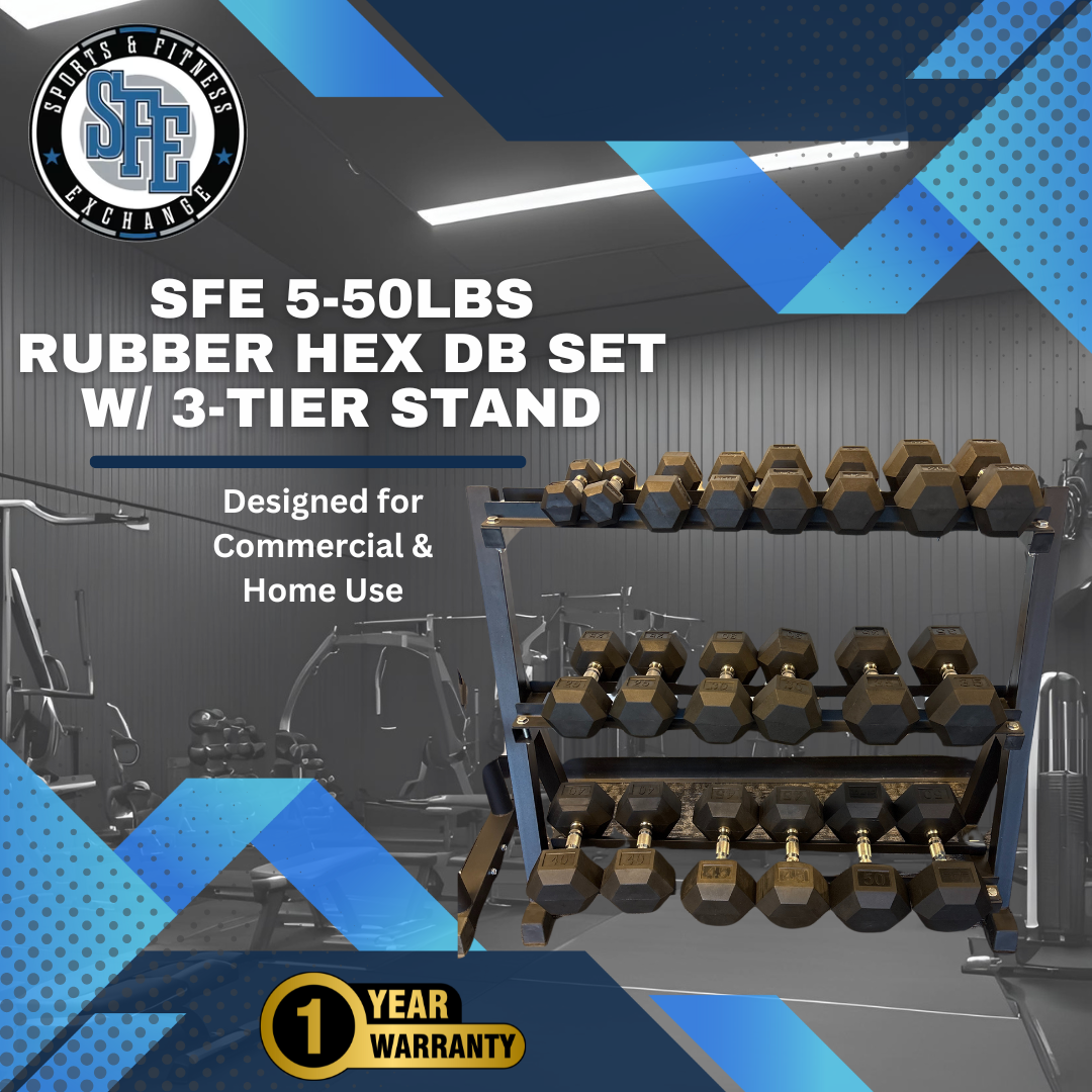SFE 5-50lb Rubber Hex Dumbbell Set w/ 3-tier Stand (New)