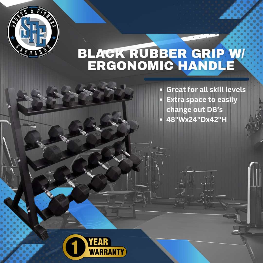 SFE 5-50lb Rubber Hex Dumbbell Set w/ 3-tier Stand (New)