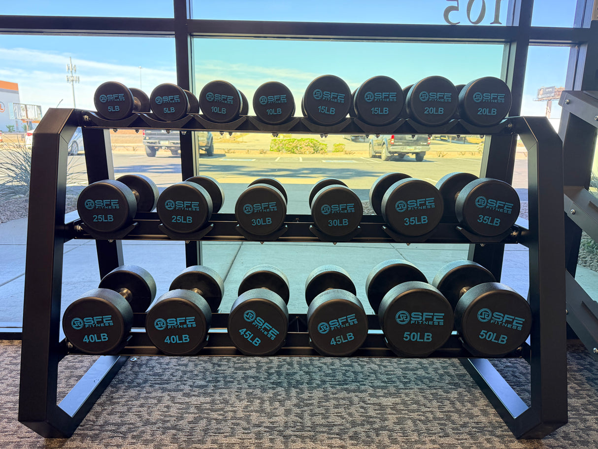SFE 5-50 Urethane Dumbbell Set w/ 3-tier Rack(New)