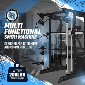 All-in-one home gym designed for strength training in a home gym setting, featuring a lat pulldown attachment and a T-bar row attachment. The equipment is made of black and gray colors and has metal construction.