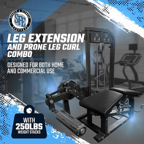 Commercial leg extension and prone leg curl combo machine with a 250lb weight stack, designed for gym use, black in color with metallic accents.