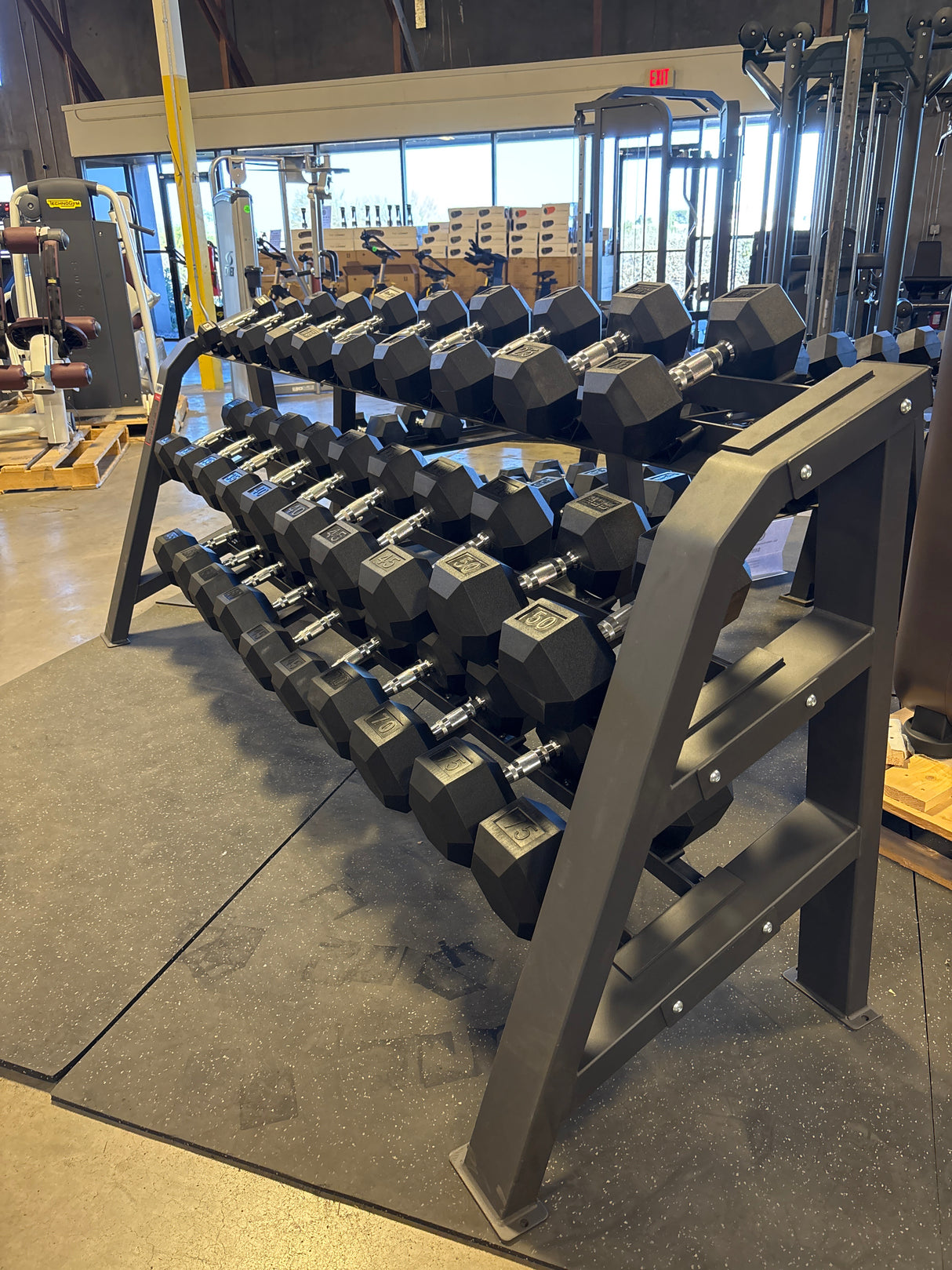 SFE 5-75LB Rubber Hex Dumbbell Set w/ Commercial 3-Tier Stand (New)