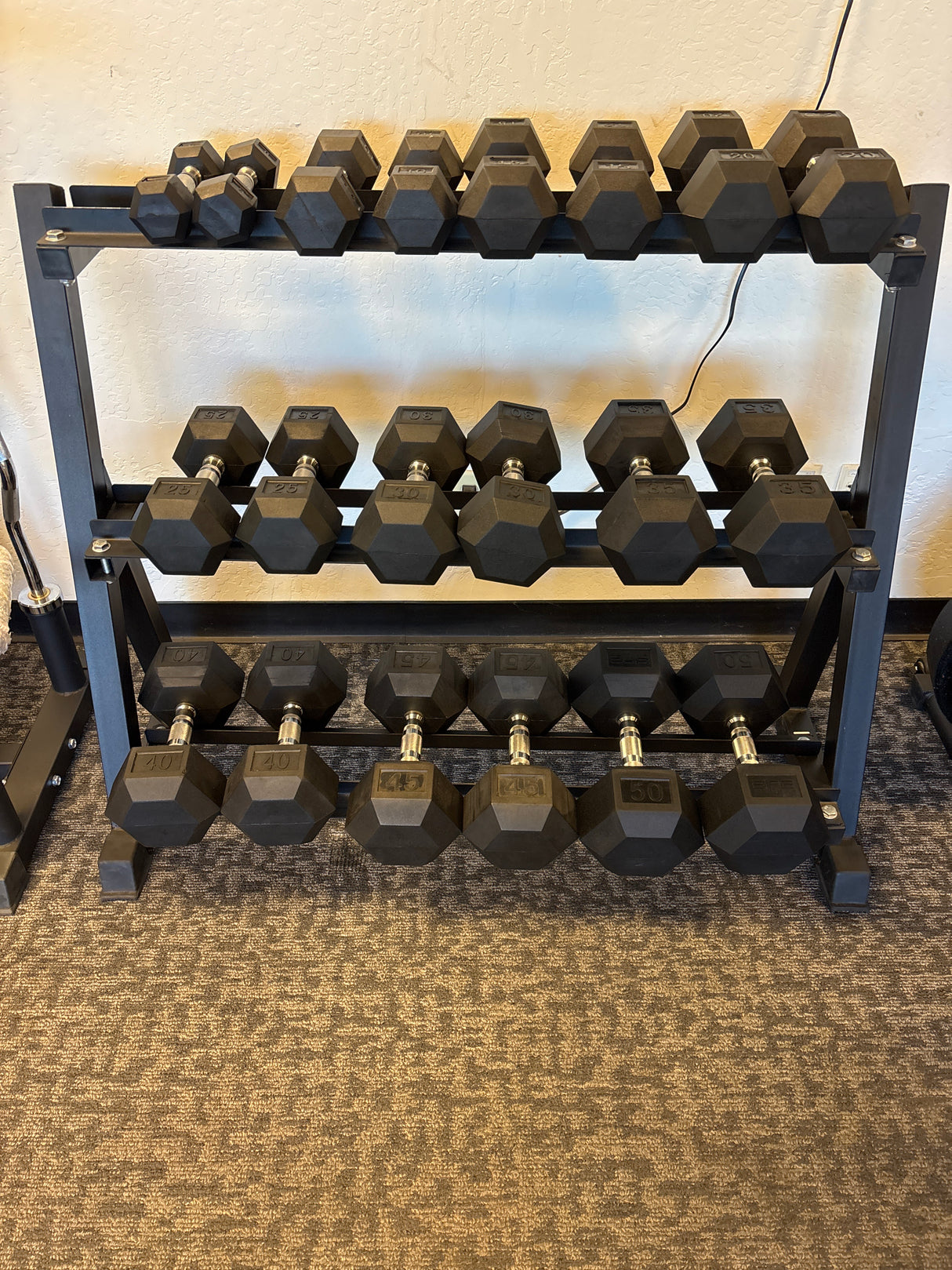 SFE 5-50lb Rubber Hex Dumbbell Set w/ 3-tier Stand (New)