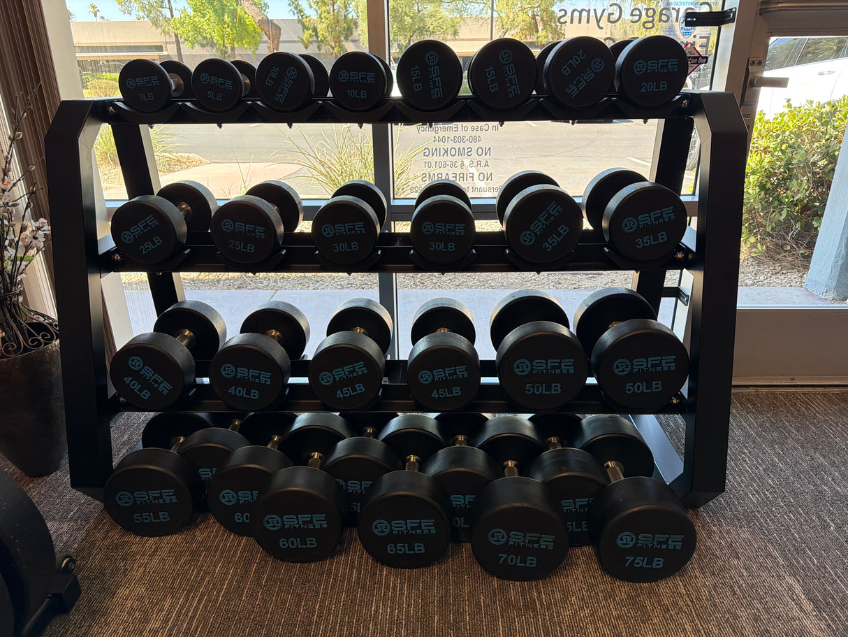 SFE 5-75LB Urethane Dumbbell Set w/ 5-50 Stand (New)