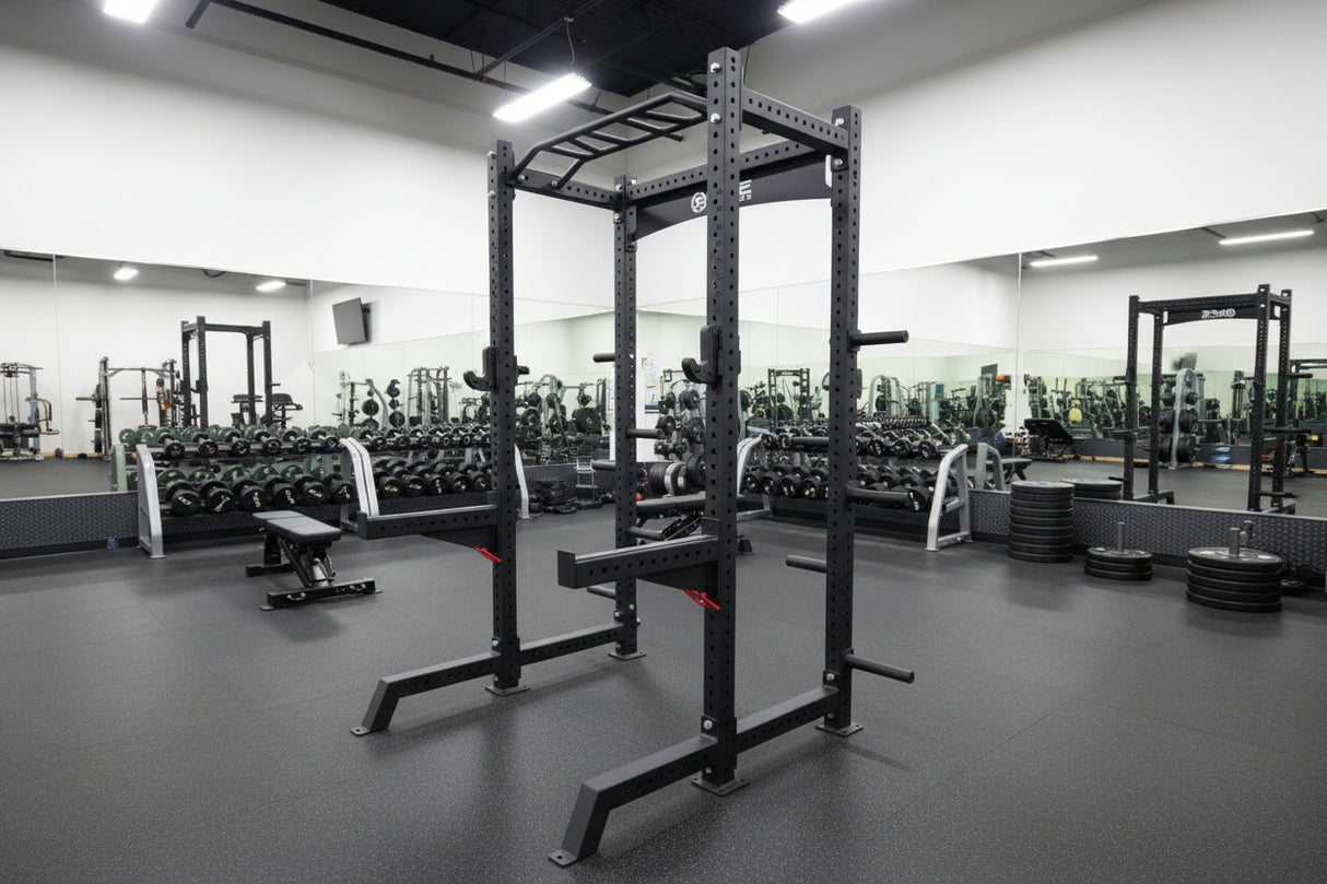 Commercial Full Power Rack w/ Safety Bars, J-Hooks & Weight Storage (New)