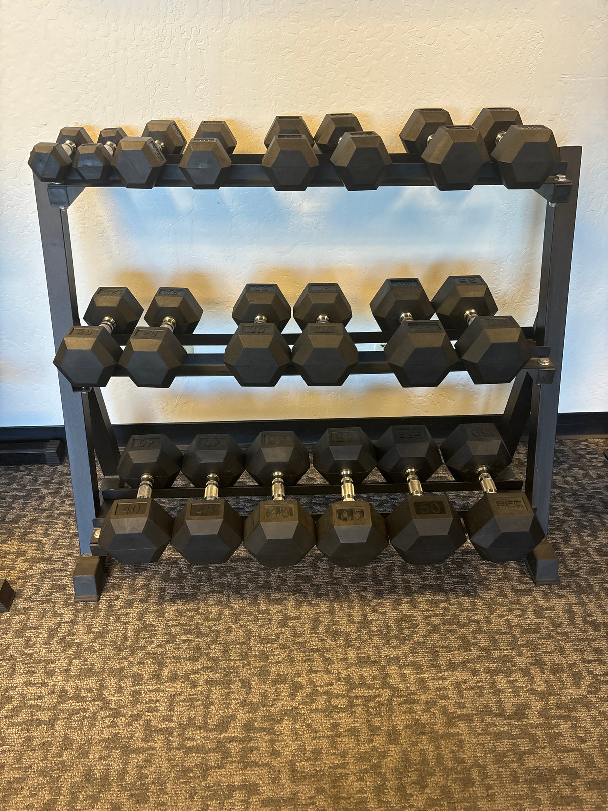 SFE 5-50lb Rubber Hex Dumbbell Set w/ 3-tier Stand (New)
